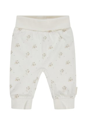 Hübsche cremefarbene Babypants mit elastischem Bund und Bündchen, verziert mit einem kleinen beigen Blumenmuster überall.