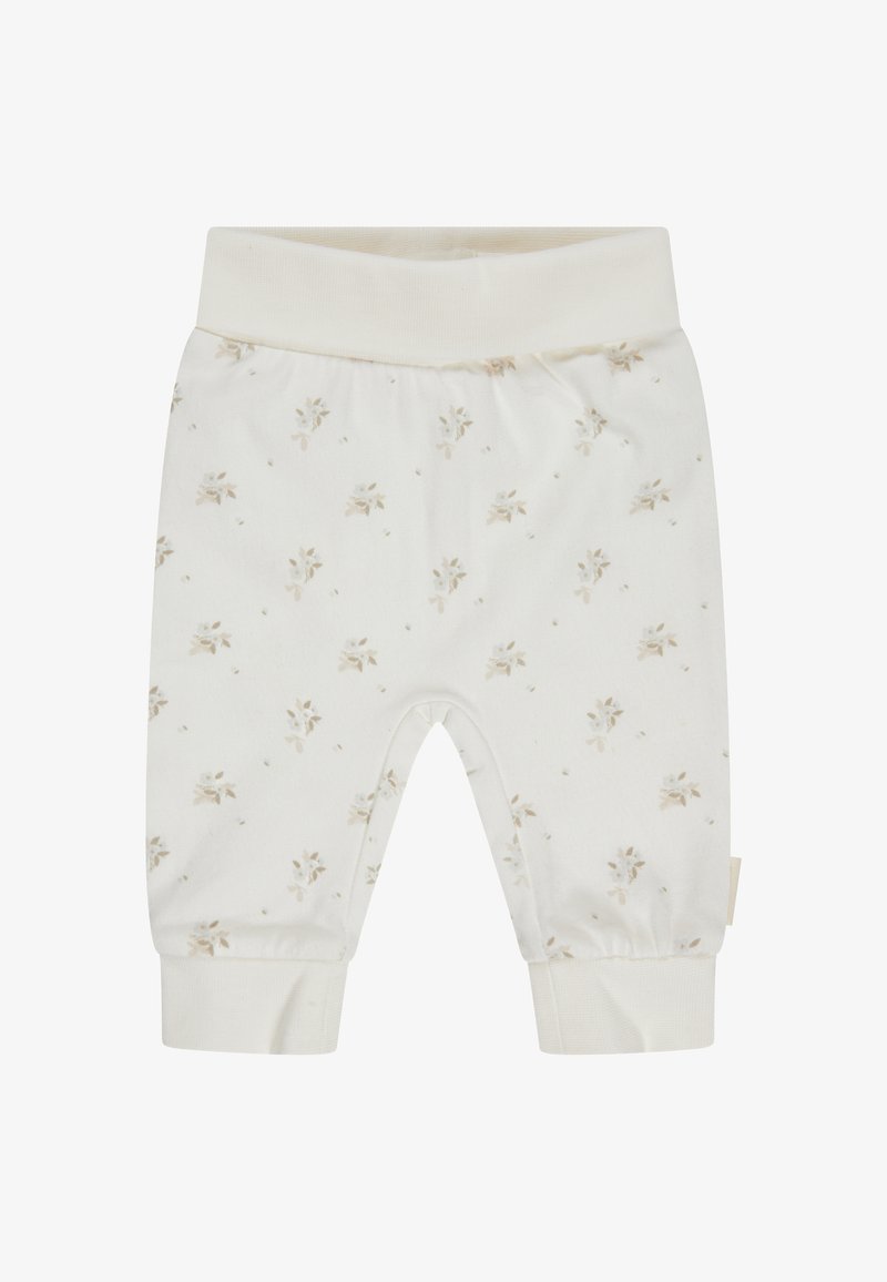 Hübsche cremefarbene Babypants mit elastischem Bund und Bündchen, verziert mit einem kleinen beigen Blumenmuster überall.