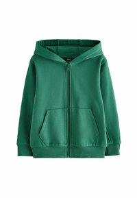 Veste à capuche zippée verte en tissu doux, dotée d'une grande capuche, de poches avant et de poignets et ourlet côtelés. Aucune motif ni accent.