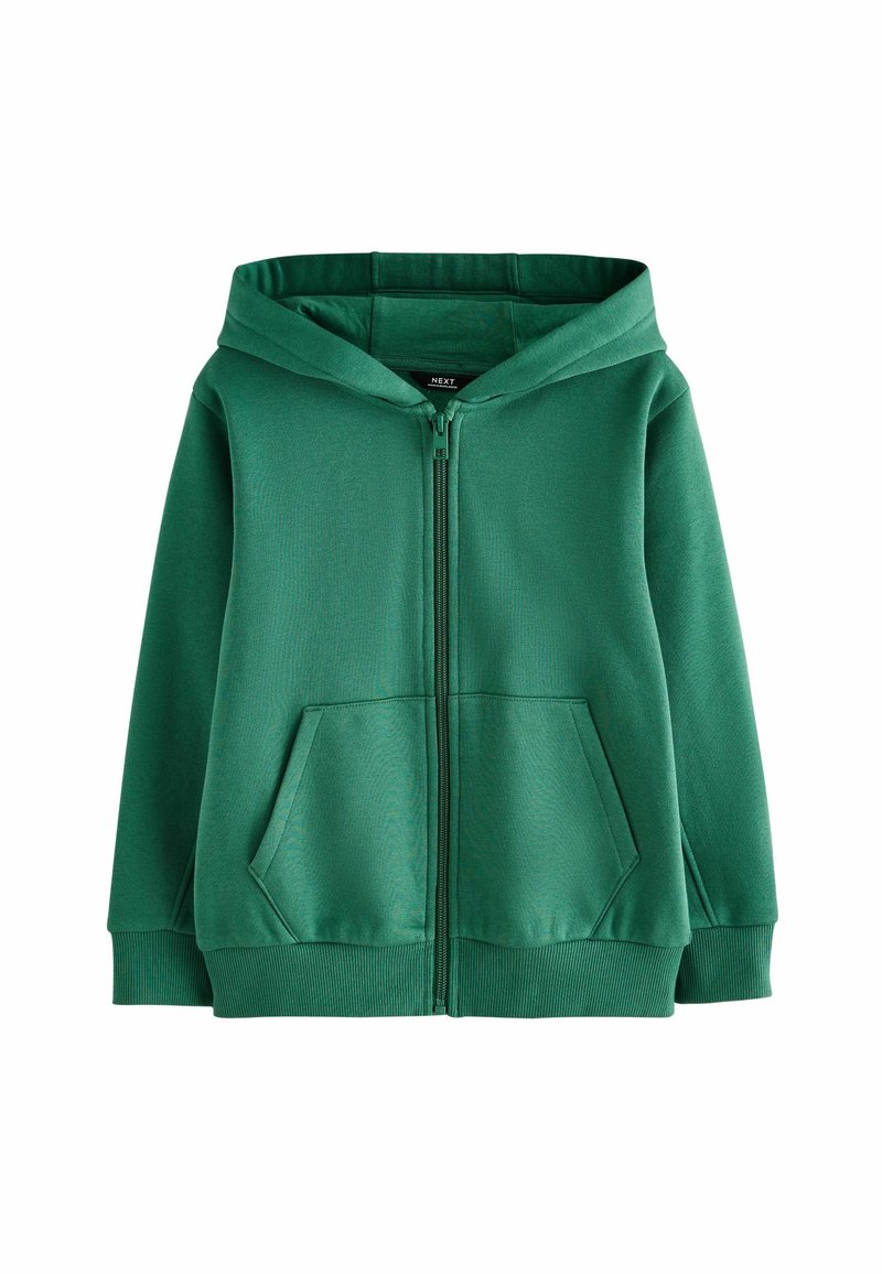 Veste à capuche zippée verte en tissu doux, dotée d'une grande capuche, de poches avant et de poignets et ourlet côtelés. Aucune motif ni accent.