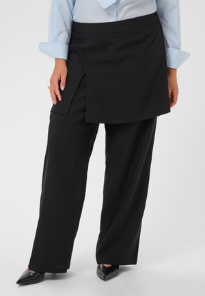 Personne portant un pantalon noir à jambes larges avec une surjupe noire asymétrique et des chaussures noires pointues sur un fond uni.