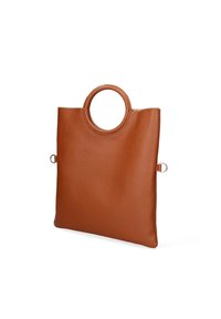 Borsa a tracolla in pelle di un ricco marrone, con manico rotondo, texture liscia, forma rettangolare e dettagli metallici sui lati.