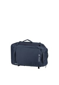 Sac de sport rectangulaire bleu foncé avec deux poignées et logo VAUDE sur le côté, vu de dessus sur un fond blanc.