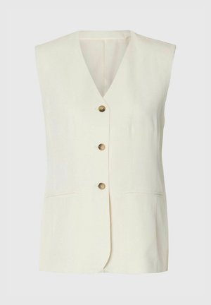 Kremowa kamizelka bez rękawów z dekoltem w serek, trzema brązowymi guzikami z przodu oraz dwoma poziomymi kieszeniami z cięciami w okolicy talii.