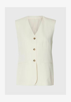 Kremowa kamizelka bez rękawów z dekoltem w serek, trzema brązowymi guzikami z przodu oraz dwoma poziomymi kieszeniami z cięciami w okolicy talii.