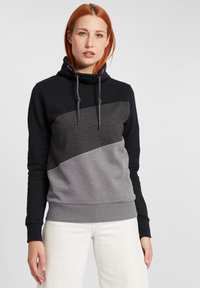 Felpa con cappuccio in blu navy, grigio e grigio chiaro. Presenta un design a blocchi di colore diagonale, cordini e una consistenza morbida.