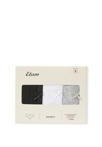 Tre boxers corti di colore nero, bianco e grigio, ciascuno con un fiocchetto decorativo. Imballati in una scatola beige etichettata "Etam", taglia S.