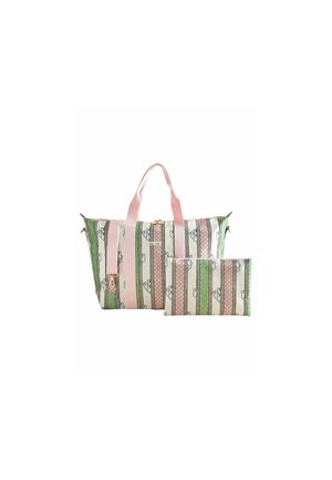 Striped tote bag in pink, green, and white materials. Features gold zipper, dual handles, and a matching smaller pouch.