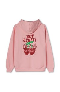 Felpa rosa con un grande motivo sul retro raffigurante ciliegie rosse, fiamme e la scritta "HOT STUFF!" sopra. Materiale in cotone morbido.