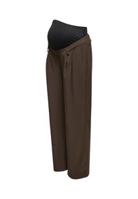 Braune Umstandshosen mit einem schwarzen, dehnbaren Einsatz in der Taille, ausgestattet mit weitem Bein und Falten für Komfort und Anpassungsfähigkeit.
