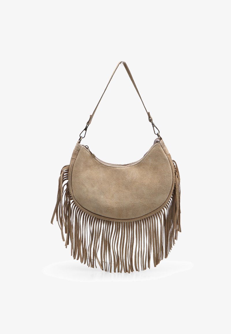 Zapestna torba iz semiša v bež barvi s ukrivljeno obliko. Ima dolge resice ob dnu in enostransko prilagodljivo naramnico. Zapenjanje na zadrgo.