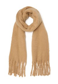 Sciarpa di lana color beige con una texture morbida, forma lunga e rettangolare, e dettagli con frange su entrambe le estremità.