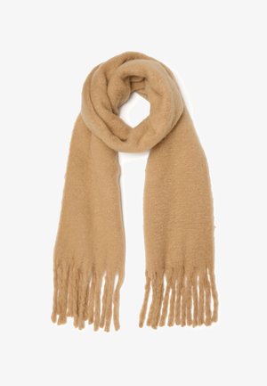 Beige Wollschal mit weicher Textur, langrechteckiger Form und Fransenverzierungen an beiden Enden.