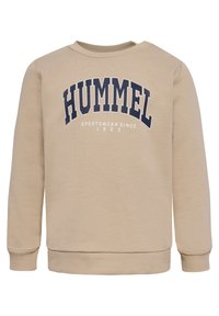 Beiges Sweatshirt mit Rundhalsausschnitt, langen Ärmeln, gerippten Bündchen und Saum, mit dem "HUMMEL"-Logo in Dunkelblau auf der Brust.