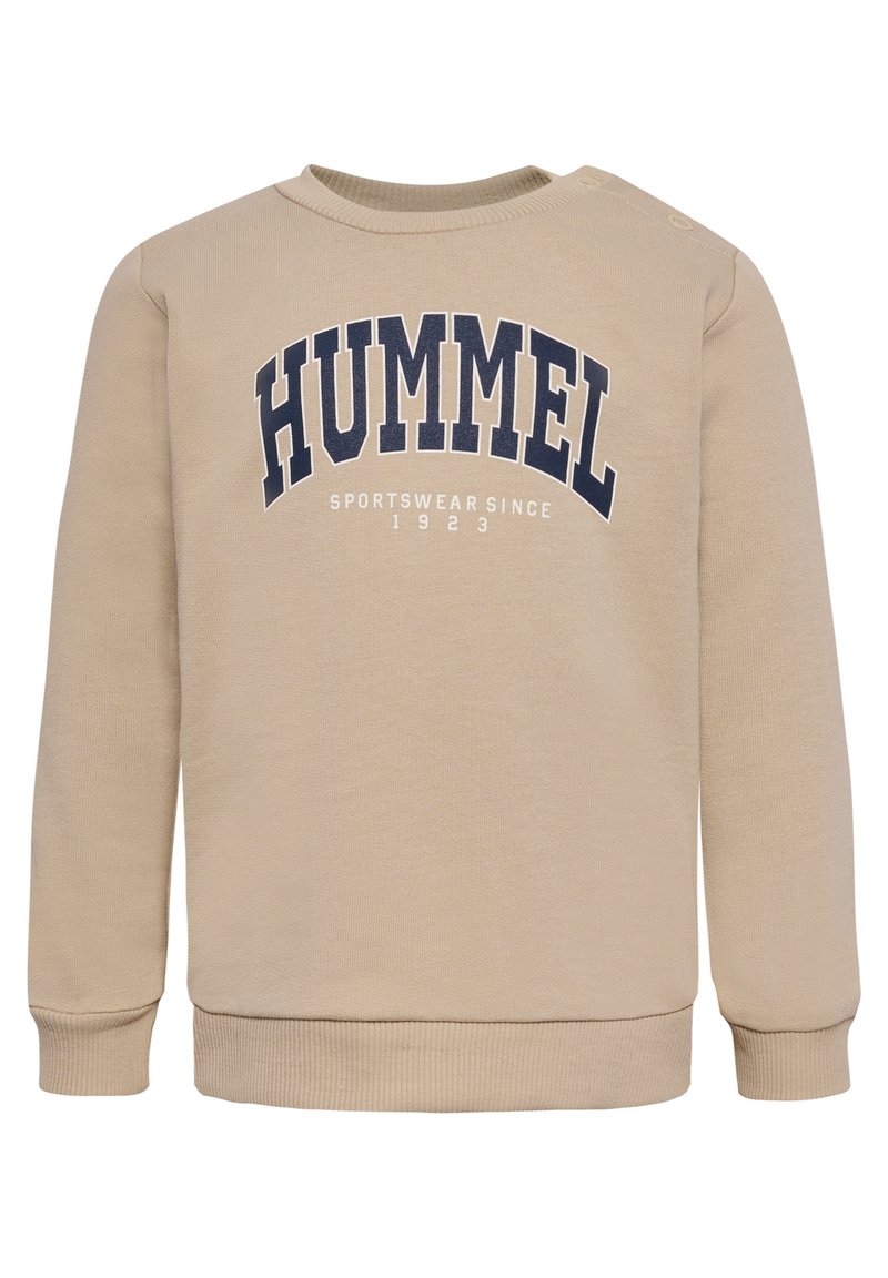 Beiges Sweatshirt mit Rundhalsausschnitt, langen Ärmeln, gerippten Bündchen und Saum, mit dem "HUMMEL"-Logo in Dunkelblau auf der Brust.