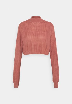 Pull tricoté à manches longues, coupé court, en rose poussière avec un col montant et des poignets et un ourlet côtelés.