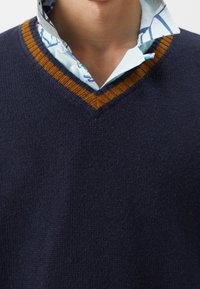 Mörkblå stickad tröja med V-ringning och bruna ränder i halsringningen, lager på en ljusblå mönstrad skjorta med knäppt krage.