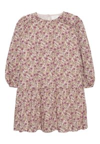 Šaty s květinovým vzorem, dlouhými balónovými rukávy, kulatým výstřihem a jemným nařasením. Materiál je lehký s jemnou texturou v odstínech růžové a zelené.