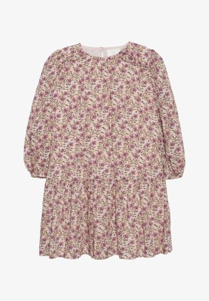 Blommönstrad klänning med långa puffärmar, rund halsringning och subtila veck. Materialet är lätt och har en mjuk textur i nyanser av rosa och grönt.