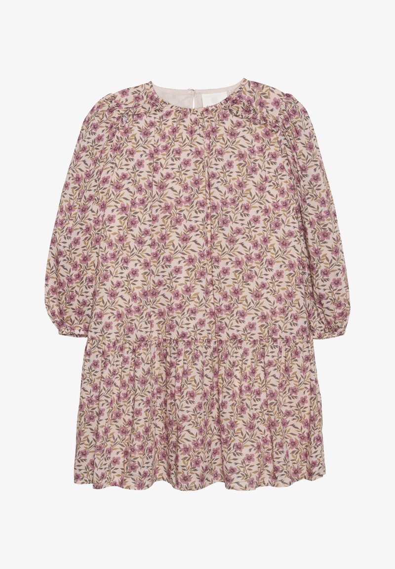 Kukallinen mekko, jossa on pitkät puff-hihat, pyöreä kaula-aukko ja hillitty pleattaus. Materiaali on kevyt ja pehmeä tekstuuriltaan vaaleanpunaisen ja vihreän sävyissä.