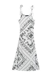 Schwarz-weißer, gemusterter Kleid mit Spaghetti-Trägern und Bindedetails, das Blumen- und Paisleymuster auf einem weißen Stoffhintergrund zeigt.
