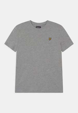 Grå T-shirt med korte ærmer og rund hals med en lille gul fuglelogo på venstre bryst.