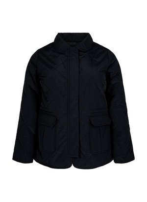 Black quilted jacket with a stand collar, two front pockets, a zipper closure, and a relaxed fit. Made from a smooth, lightweight fabric.
