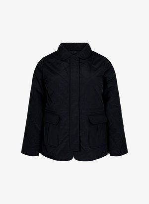 Schwarze gesteppte Jacke mit Stehkragen, zwei Fronttaschen, Reißverschluss und lässiger Passform. Hergestellt aus einem glatten, leichten Stoff.