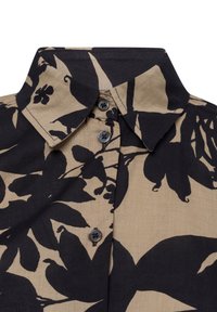 Kurzärmliges Hemd aus leichtem Stoff; zeichnet sich durch ein schwarzes Blumenmuster auf einem beigen Hintergrund aus; verfügt über einen Kragen und eine Knopfverschlüsse.