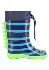 Blauwe en groene rubberen regenlaars met horizontale strepen, een groene zool en groene spikes op de achterkant, voorzien van een trekkoord bovenaan.