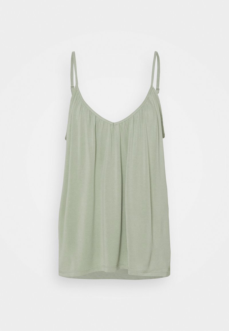 Haut caraco vert clair sans manches avec fines bretelles ajustables et légers fronces le long du décolleté.
