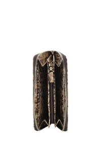 Wallet made of textured brown material with a crocodile skin pattern, featuring a zip closure and multiple compartments inside.