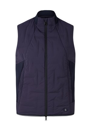 Donkerblauw mouwloos vest met een ritssluiting aan de voorkant, een doorgestikte textuur, mesh zijpanelen en een klein logo-embleem bij de zoom.