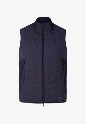 Donkerblauw mouwloos vest met een ritssluiting aan de voorkant, een doorgestikte textuur, mesh zijpanelen en een klein logo-embleem bij de zoom.