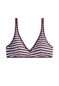 Bourgogne og hvid horisontalt striped ribbet bralette med tynde skulderstropper og dyb V-udskæring på hvid baggrund.