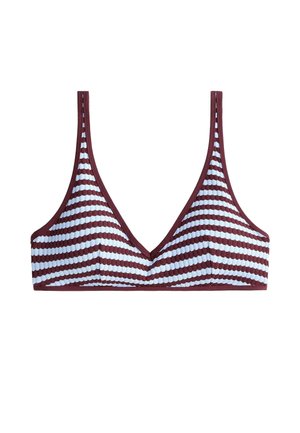 Bordový a biely horizontálne pruhovaný rebrovaný bralet s tenkými ramienkami a hlbokým výstrihom do V na bielom pozadí.