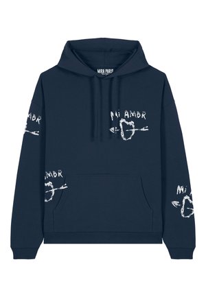 Navy blue cotton hoodie with a kangaroo pocket. Features white text and graphic patterns reading "Mi Amor" with heart and arrow designs on sleeves.