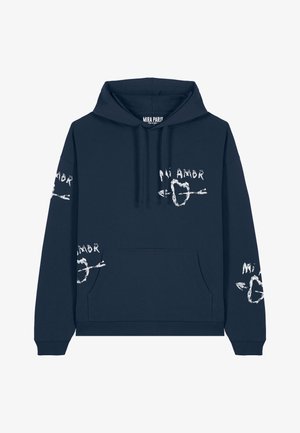 Sötétkék pamut kapucnis pulóver kenguru zsebbel. Fehér szöveggel és grafikákkal díszítve, felirata: "Mi Amor", szív és nyíl mintákkal az ujjakon.