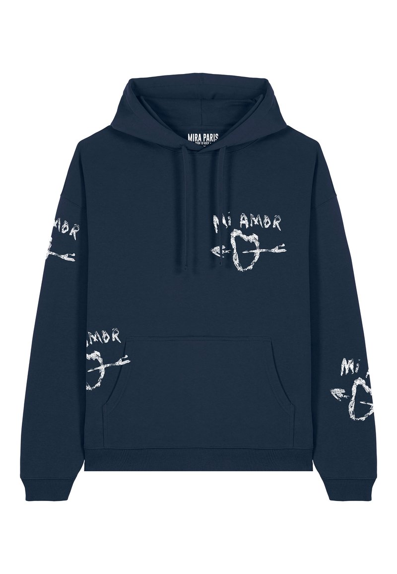 Felpa in cotone blu navy con tasca a marsupio. Presenta testi e motivi grafici bianchi con la scritta "Mi Amor" e design di cuori e frecce sulle maniche.