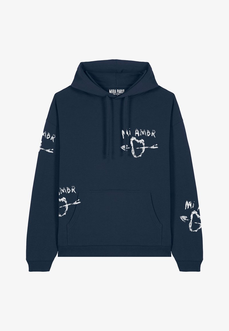 Felpa in cotone blu navy con tasca a marsupio. Presenta testi e motivi grafici bianchi con la scritta "Mi Amor" e design di cuori e frecce sulle maniche.