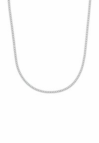 Silberne Metallkette mit einem glatten, ineinandergreifenden Glieddesign. Flache, polierte Oberfläche mit einem subtilen Glanz und ohne zusätzliche Verzierungen.