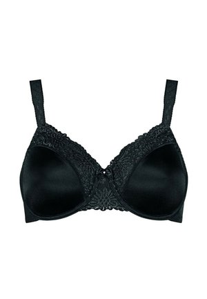 Schwarzer BH mit Spitzen detail an der Oberseite, glatte Satin-Cups, verstellbare Träger und einer Mittelverzierung.