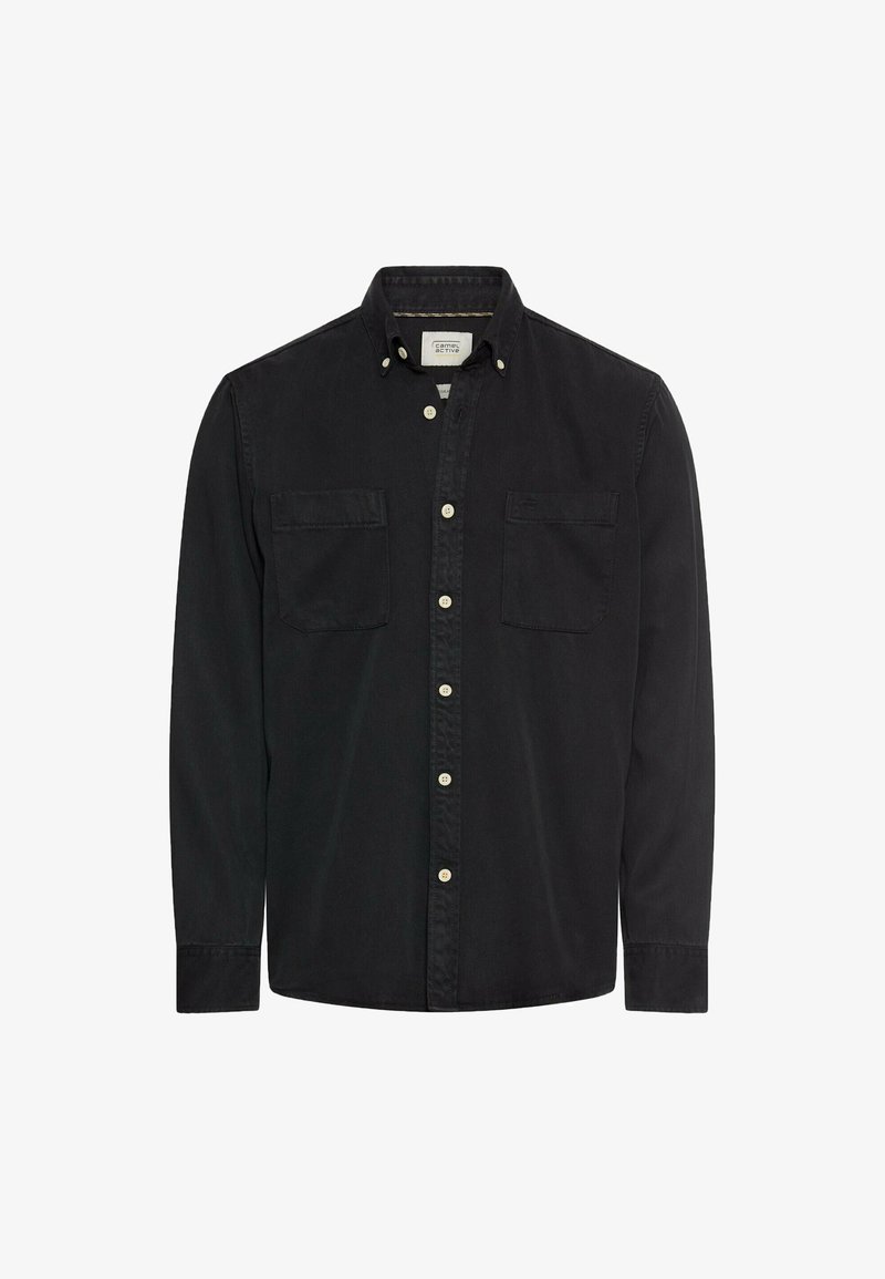 Zwarte button-up shirt van katoen, met een klassieke kraag, twee borstzakken en witte knopen. Glad materiaal met lange mouwen.