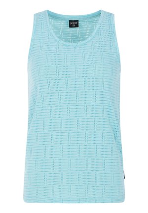 Hellblaues Tanktop aus weichem Stoff, mit einem strukturierten Muster aus Quadraten und Punkten, rundem Ausschnitt und lässiger Passform.