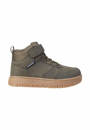 High-top waterproof brown sneaker with velcro strap, laces, padded collar, and textured rubber sole.