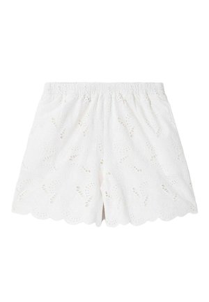 Witte katoenen shorts met elastische tailleband, opengewerkt kantpatroon en gegolfde zoom.