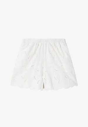 Short en coton blanc avec taille élastique, motif en dentelle ajourée et ourlet festonné.