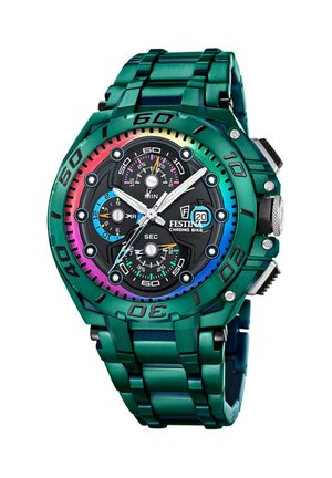 Zielony metalowy zegarek chronograf Festina z tęczową lunetą, czarną tarczą, trzema subtarczami, datownikiem oraz srebrnymi wskazówkami godzinową i minutową.
