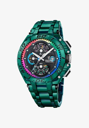 Groen metalen Festina chronograaf horloge met een regenboog-lunette, zwarte wijzerplaat, drie subdials, datumaanduiding en zilveren uur- en minutenwijzers.