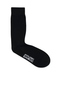 Zwarte bamboosok met een geribde manchet en een gladde textuur. Bevat het witte "JACK & JONES BAMBOO" logo nabij de tenen.